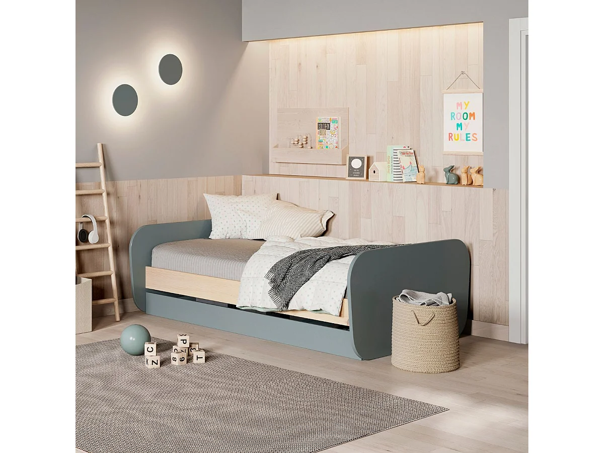 Lit 90x190 avec tiroir tête et pied de lit arrondis en pin massif naturel et MDF laqué vert kaki  - KAINA