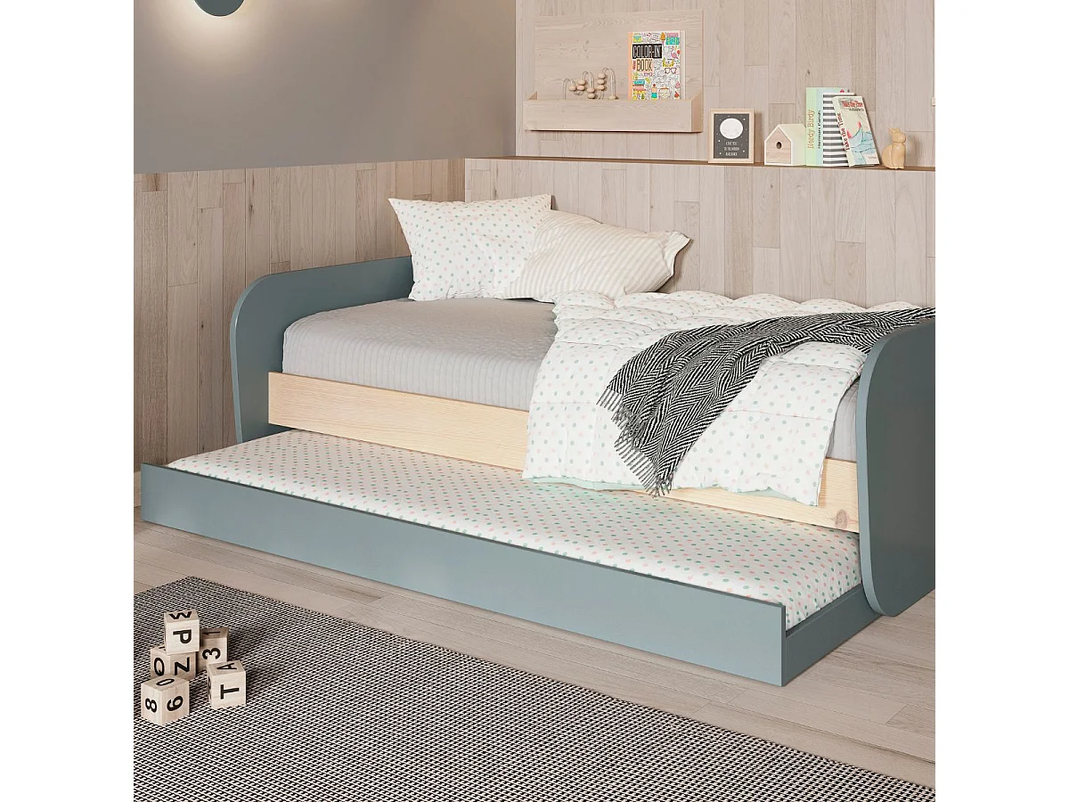 Lit 90x190 avec tiroir tête et pied de lit arrondis en pin massif naturel et MDF laqué vert kaki  - KAINA