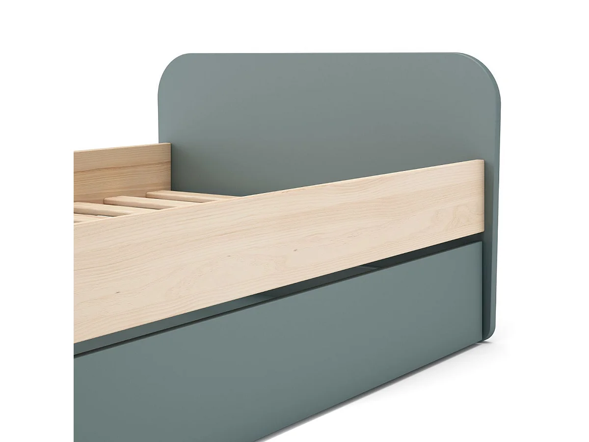 Lit 90x190 avec tiroir tête et pied de lit arrondis en pin massif naturel et MDF laqué vert kaki  - KAINA