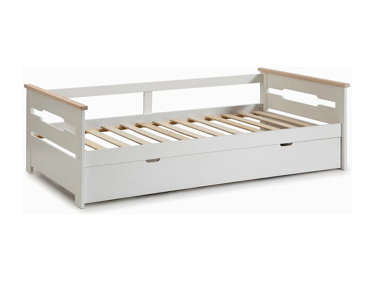 Lit banquette gigogne 90x190 en MDF laqué blanc et pin massif naturel - ELISIANE