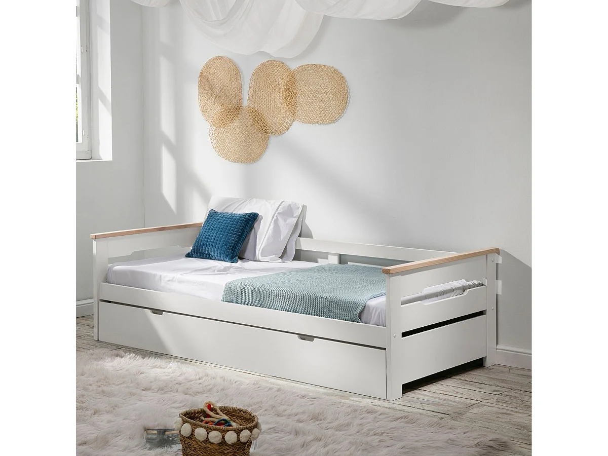 Lit banquette gigogne 90x190 en MDF laqué blanc et pin massif naturel - ELISIANE