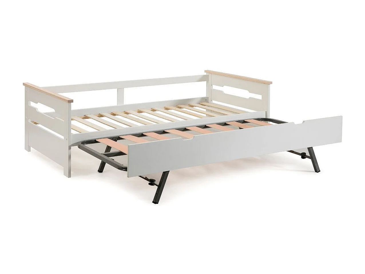 Lit banquette gigogne 90x190 en MDF laqué blanc et pin massif naturel - ELISIANE