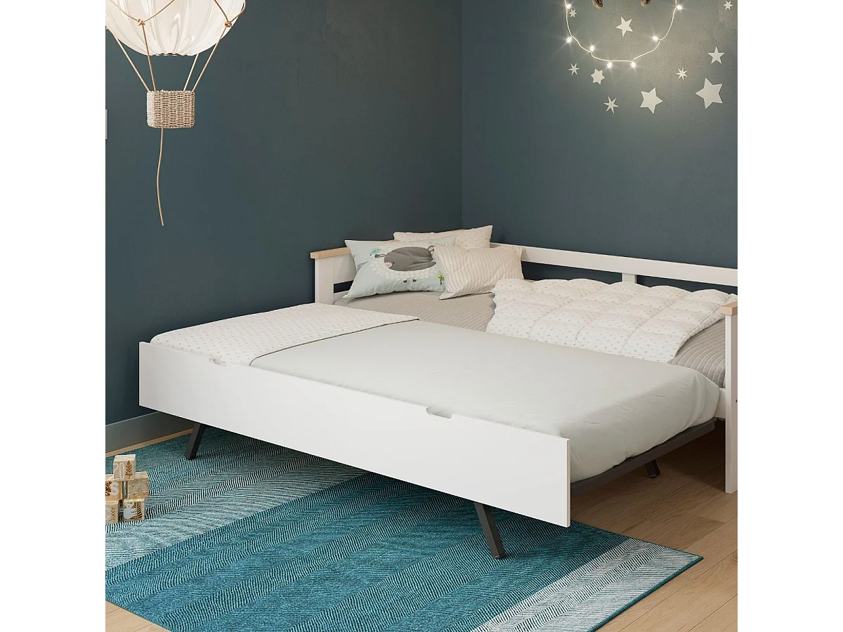 Lit banquette gigogne 90x190 en MDF laqué blanc et pin massif naturel - ELISIANE