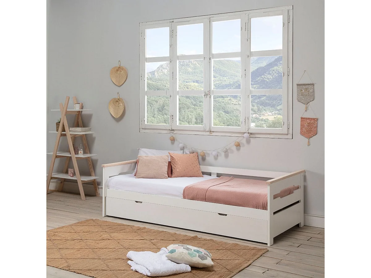 Lit banquette gigogne 90x190 en MDF laqué blanc et pin massif naturel - ELISIANE