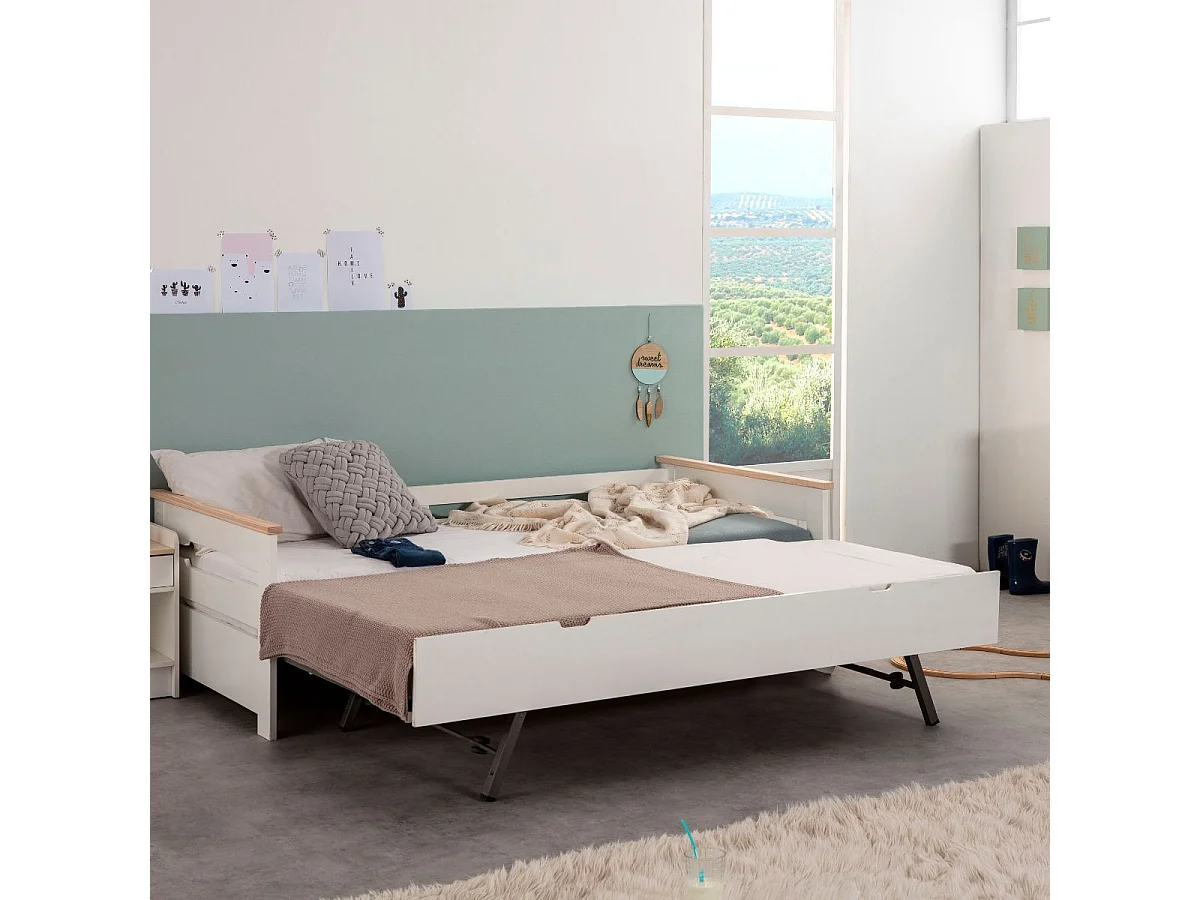 Lit banquette gigogne 90x190 en MDF laqué blanc et pin massif naturel - ELISIANE