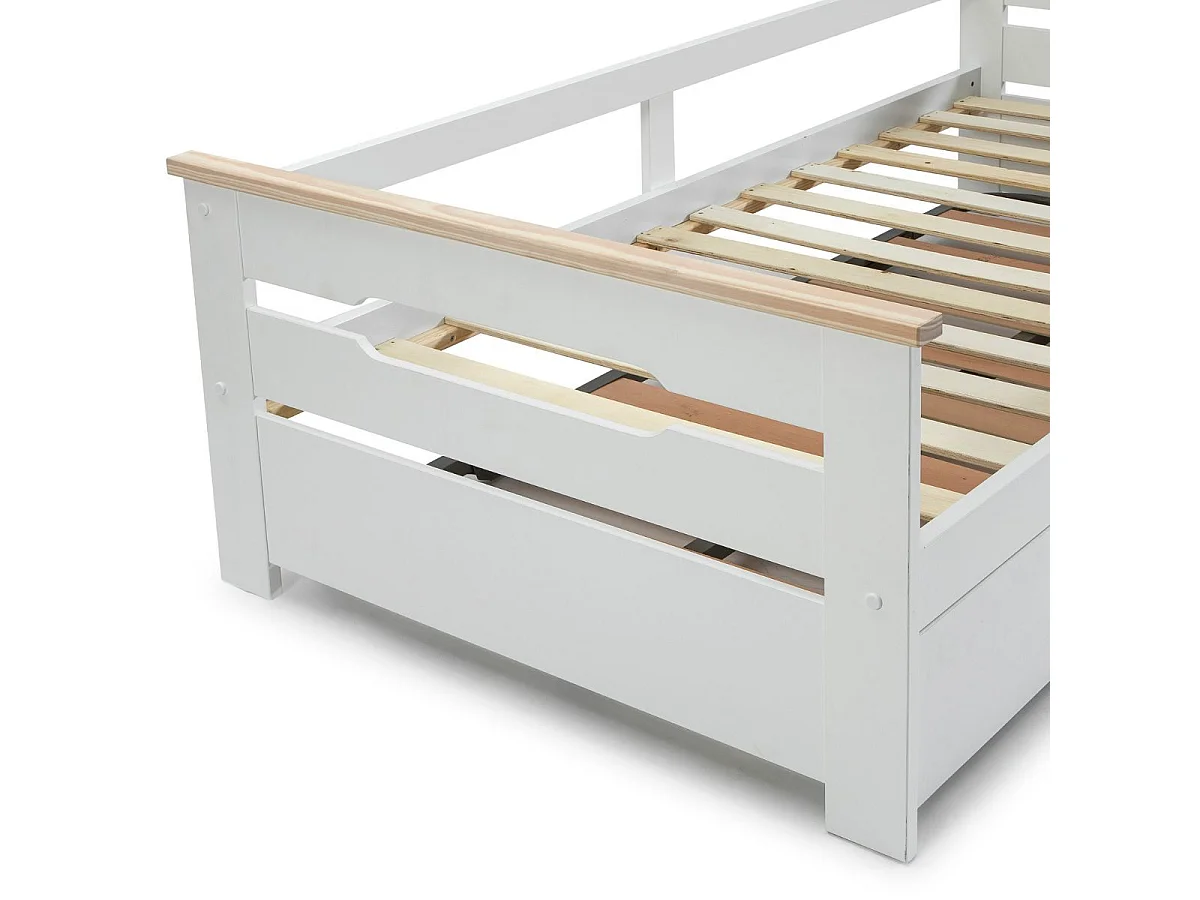 Lit banquette gigogne 90x190 en MDF laqué blanc et pin massif naturel - ELISIANE