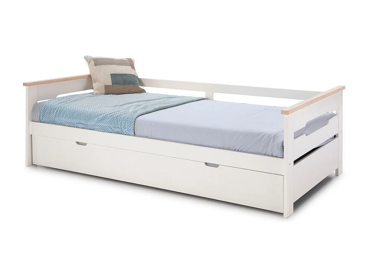 Lit banquette gigogne 90x190 en MDF laqué blanc et pin massif naturel - ELISIANE