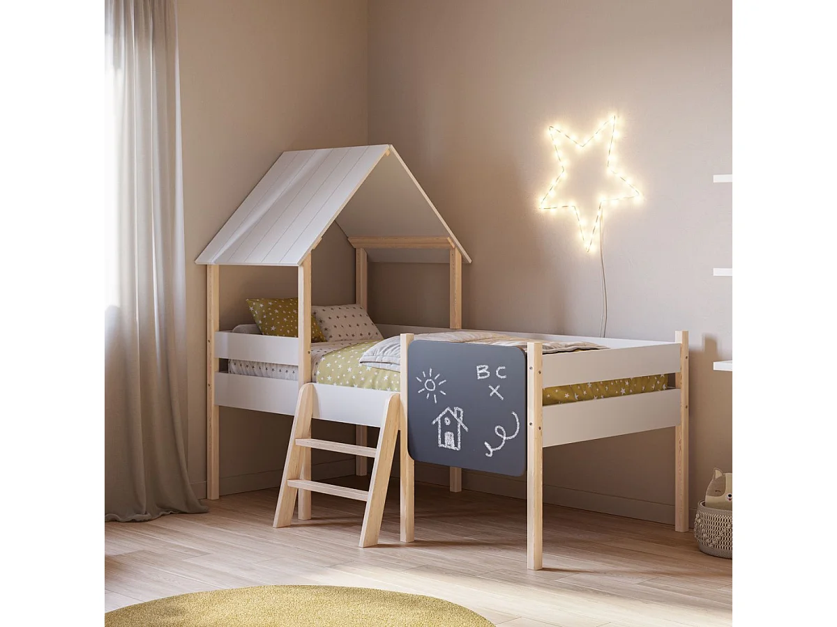 Lit surélevé à barrières 90x190 avec tête de lit cabane en MDF laqué blanc et pin naturel - TYNIE