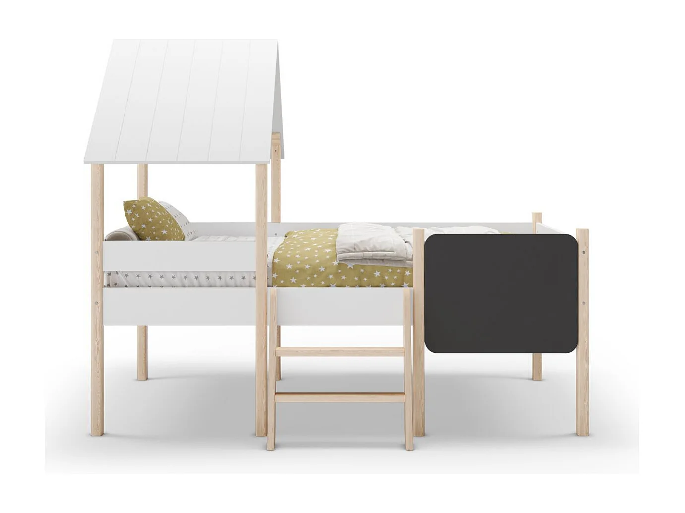 Lit surélevé à barrières 90x190 avec tête de lit cabane en MDF laqué blanc et pin naturel - TYNIE