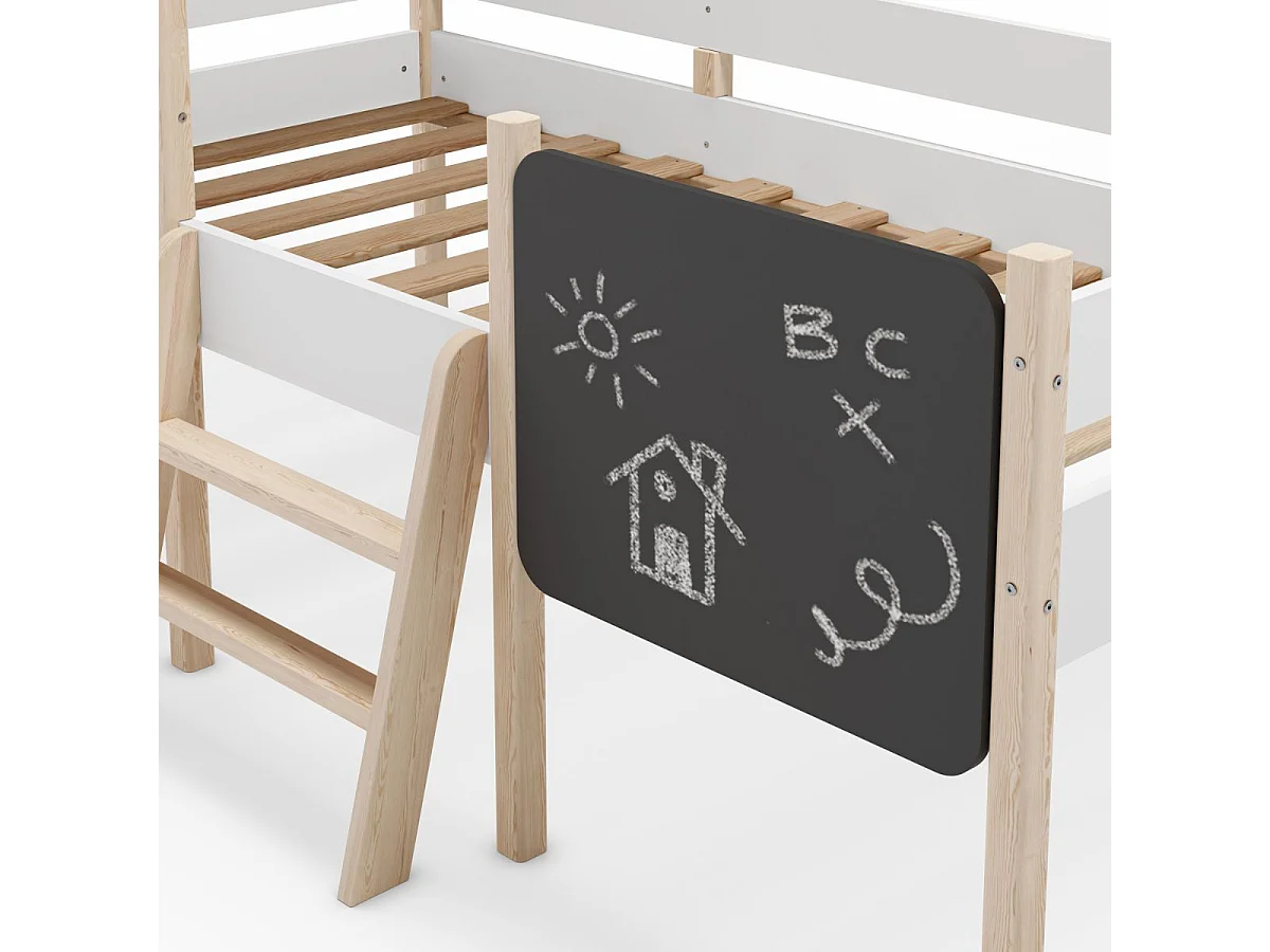 Lit surélevé à barrières 90x190 avec tête de lit cabane en MDF laqué blanc et pin naturel - TYNIE