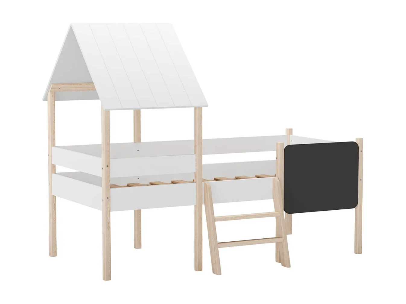 Lit surélevé à barrières 90x190 avec tête de lit cabane en MDF laqué blanc et pin naturel - TYNIE