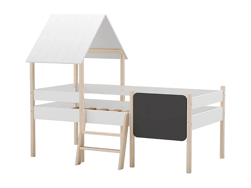 Lit surélevé à barrières 90x190 avec tête de lit cabane en MDF laqué blanc et pin naturel - TYNIE