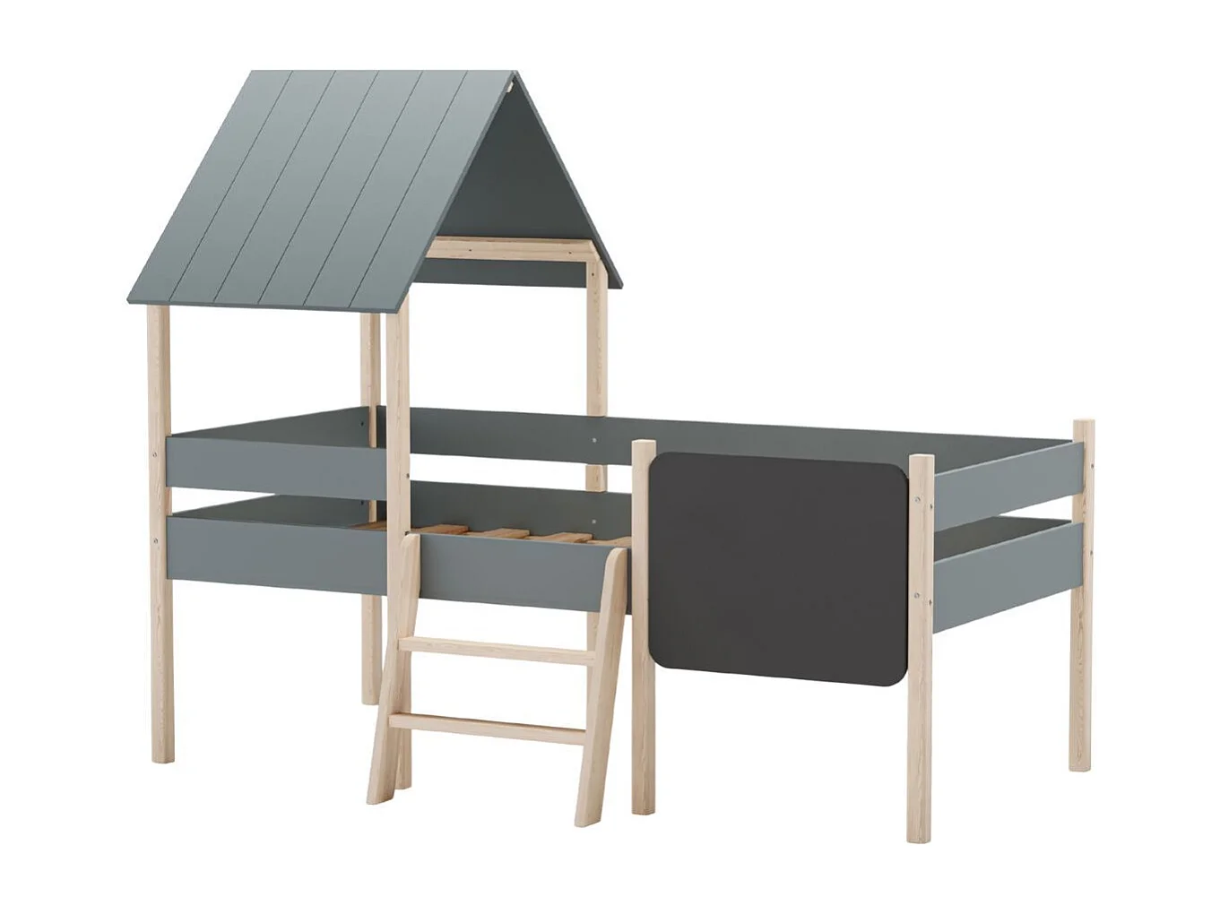 Lit surélevé à barrières 90x190 avec tête de lit cabane en MDF laqué vert kaki et pin naturel - TYNIE