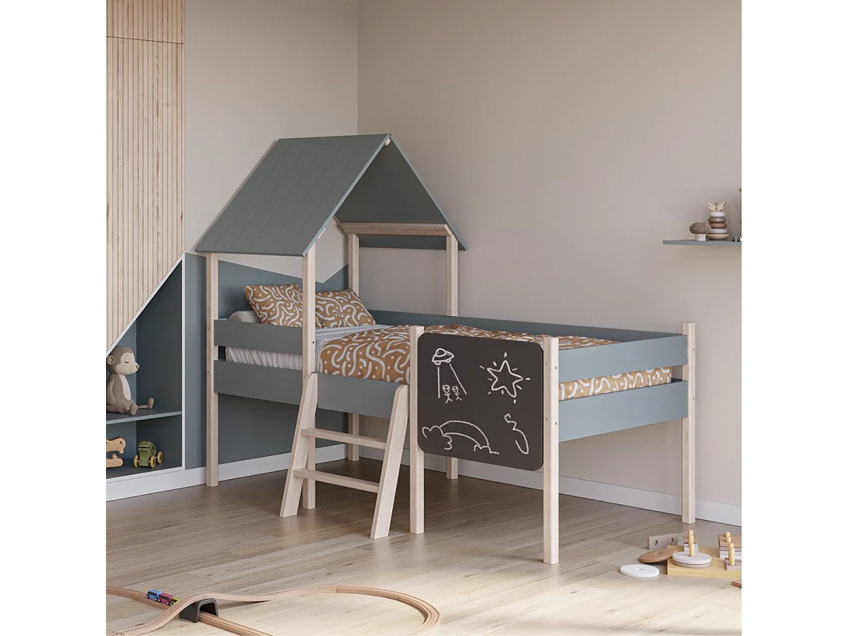 Lit surélevé à barrières 90x190 avec tête de lit cabane en MDF laqué vert kaki et pin naturel - TYNIE