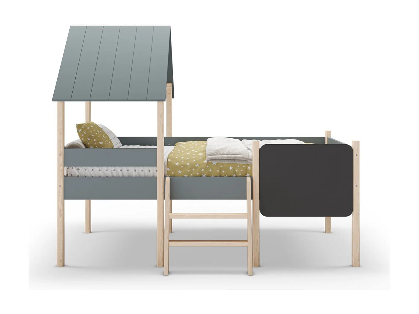 Lit surélevé à barrières 90x190 avec tête de lit cabane en MDF laqué vert kaki et pin naturel - TYNIE