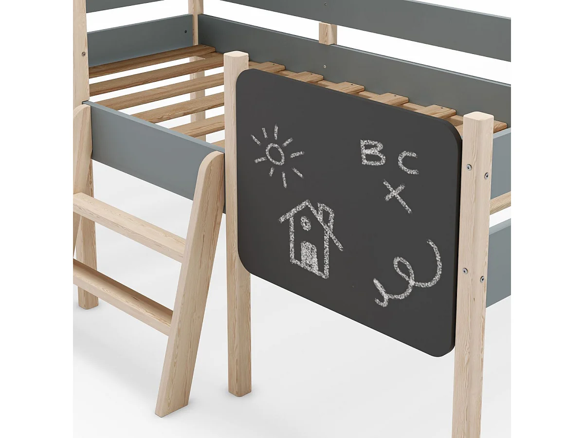 Lit surélevé à barrières 90x190 avec tête de lit cabane en MDF laqué vert kaki et pin naturel - TYNIE