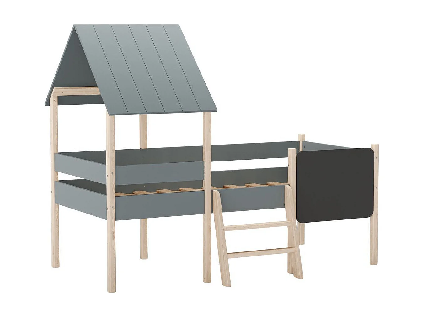 Lit surélevé à barrières 90x190 avec tête de lit cabane en MDF laqué vert kaki et pin naturel - TYNIE