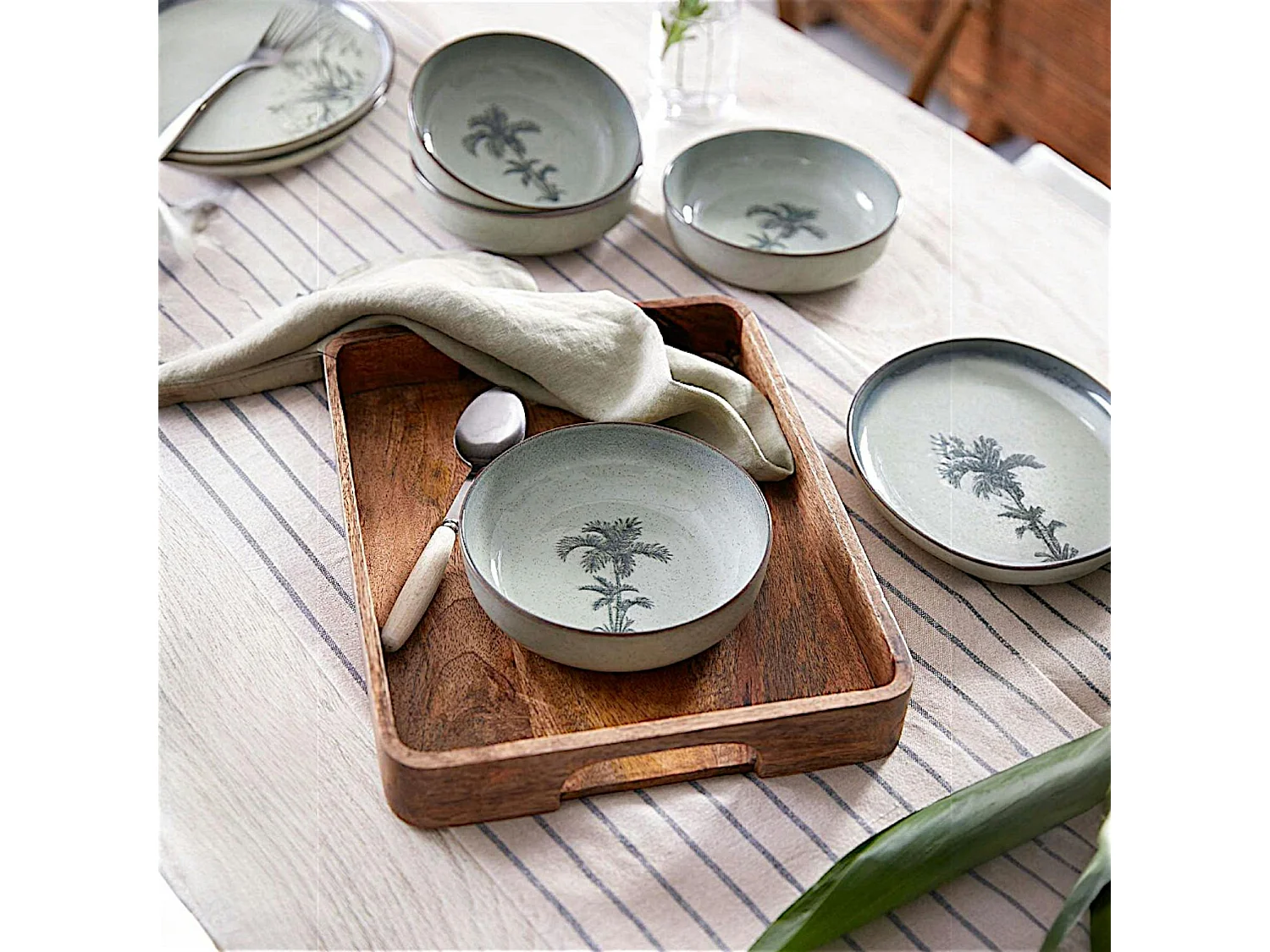 Bol céréales vert motif palmier, porcelaine (lot de 4) ELDA
