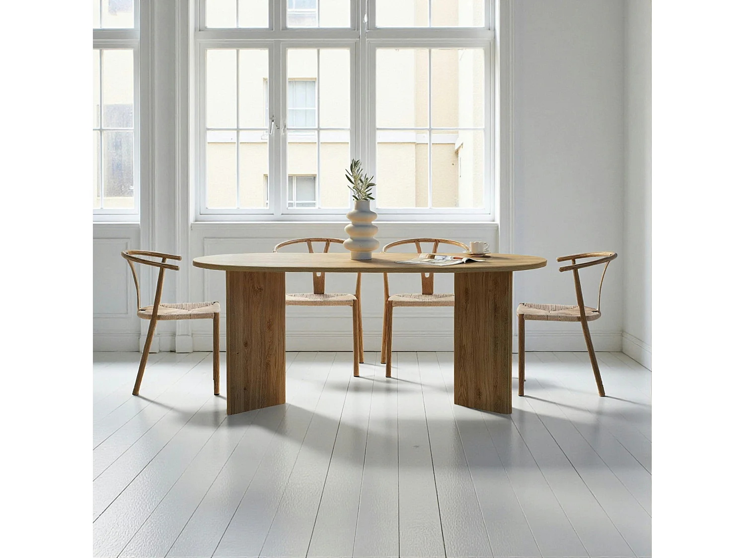 Table à manger ovale effet chêne pieds en V 180 cm MARFA