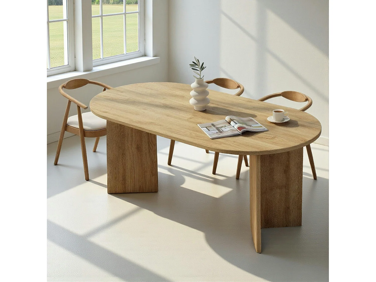 Table à manger ovale effet chêne pieds en V 180 cm MARFA