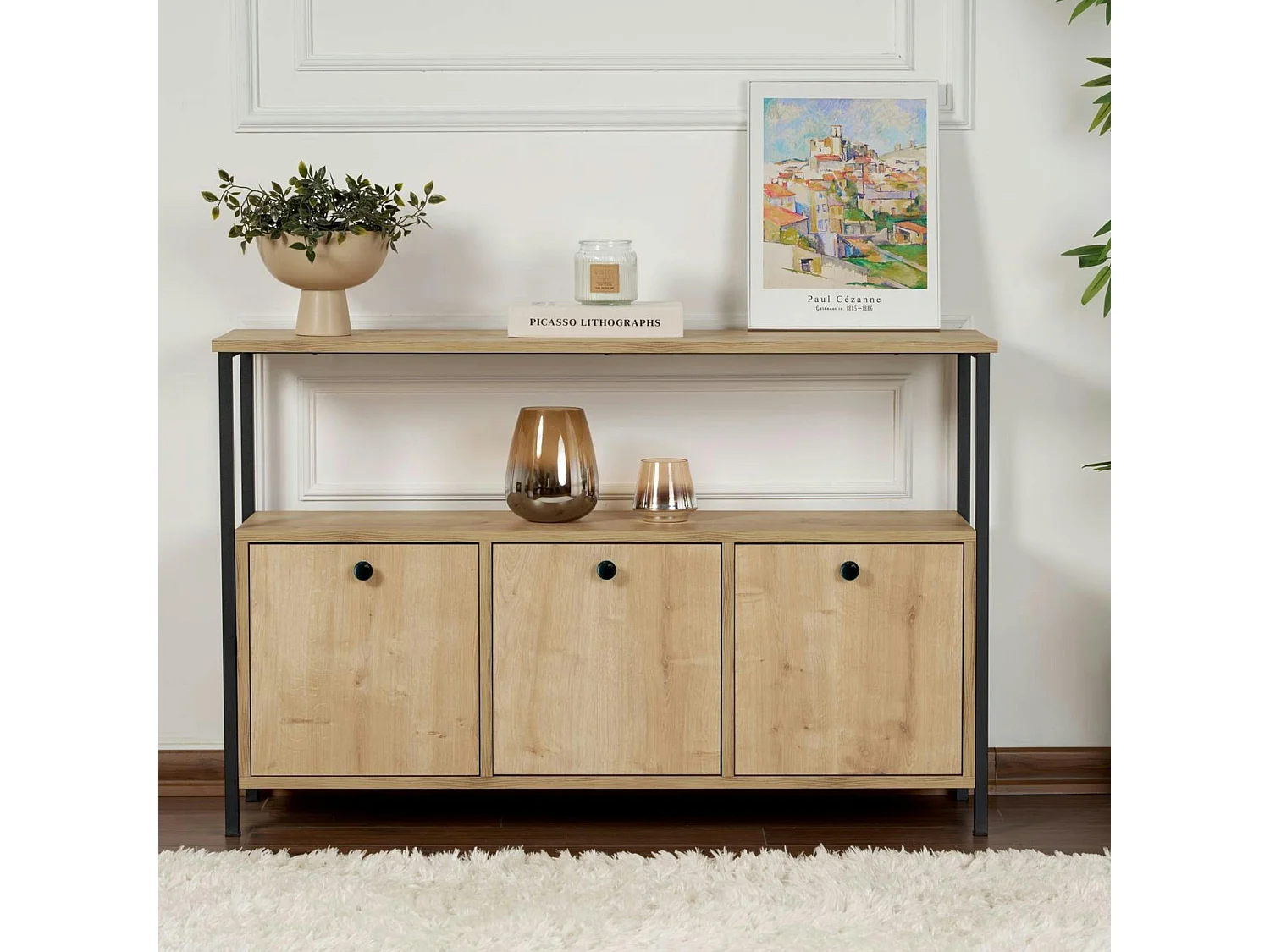 Console d'entrée avec rangement 3 niches, effet chêne JENA