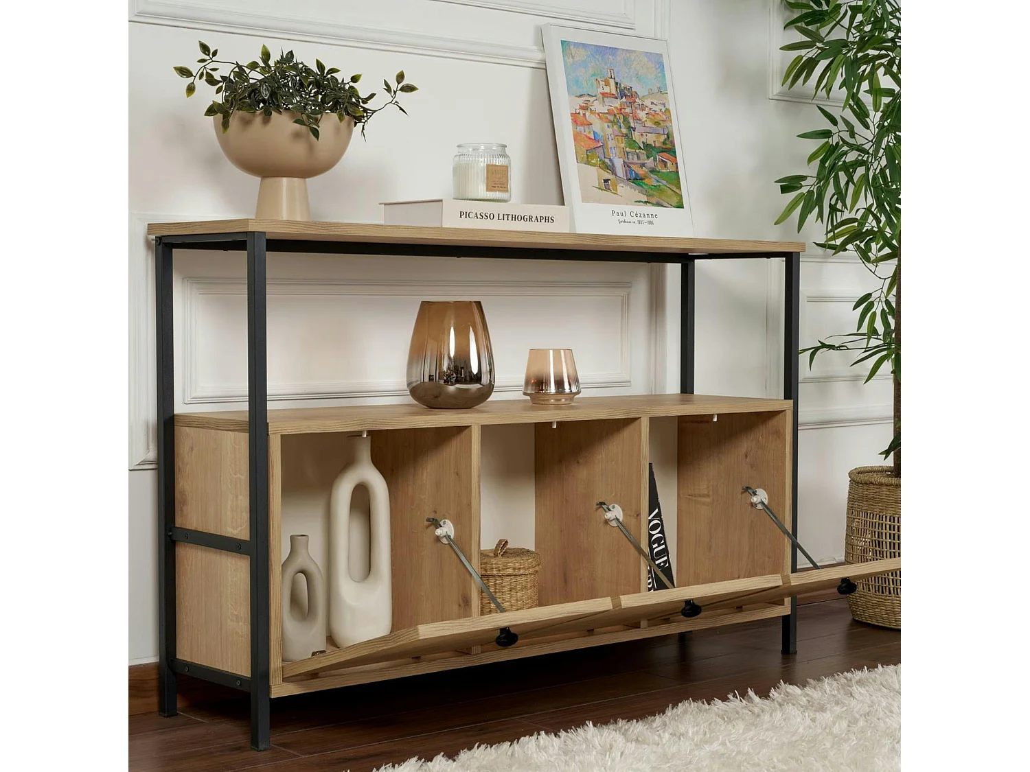 Console d'entrée avec rangement 3 niches, effet chêne JENA