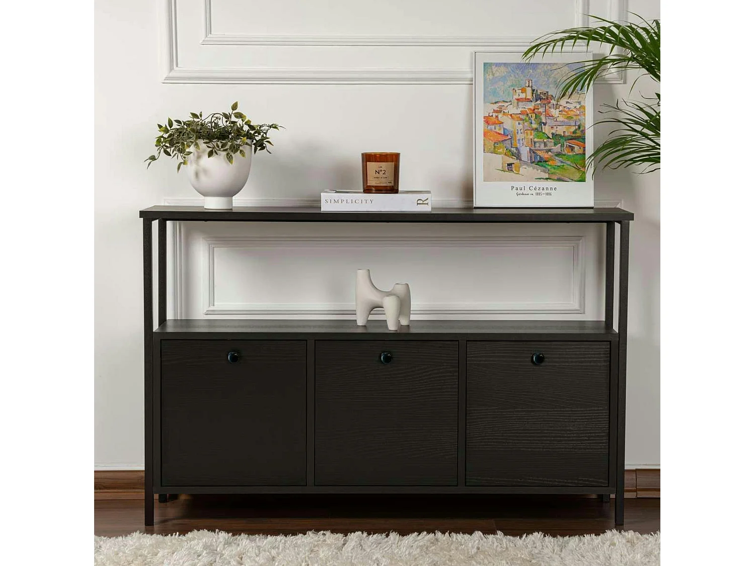 Console d'entrée avec rangement 3 niches, effet bois noir JENA