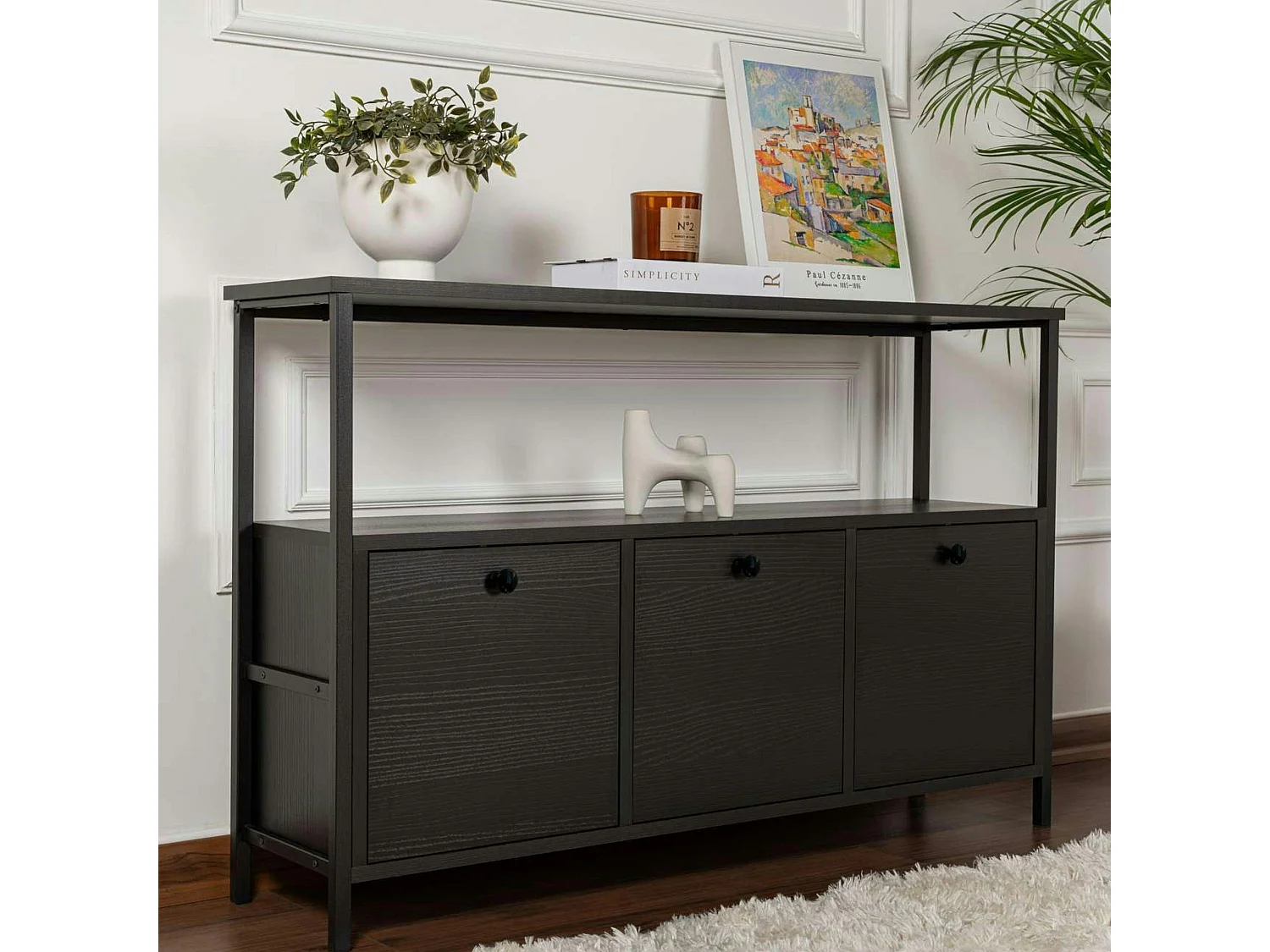 Console d'entrée avec rangement 3 niches, effet bois noir JENA