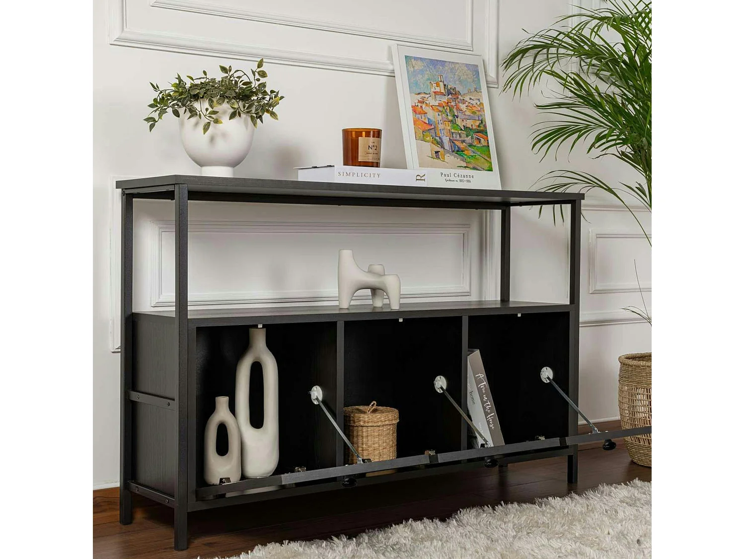 Console d'entrée avec rangement 3 niches, effet bois noir JENA