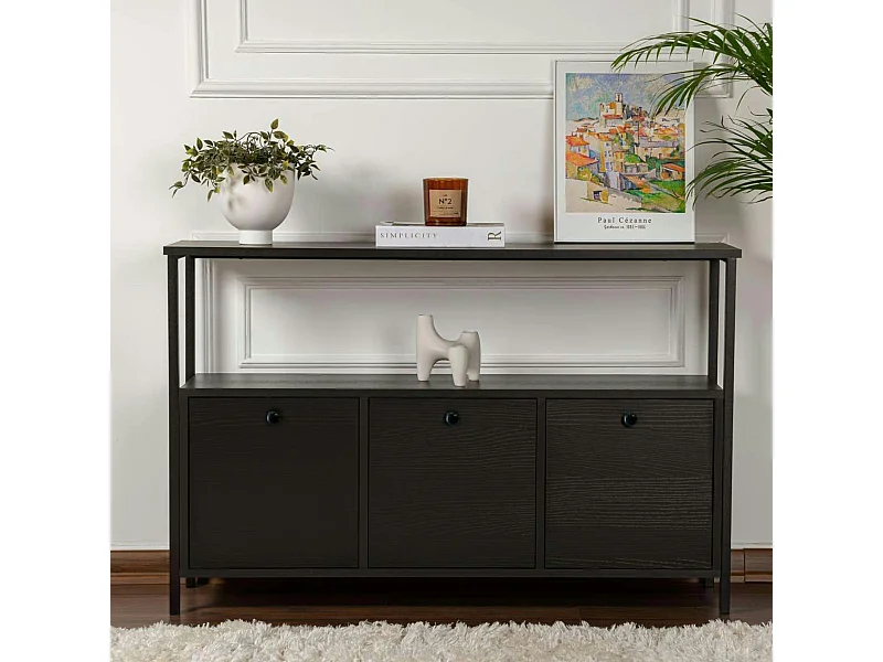 Console d'entrée avec rangement 3 niches, effet bois noir JENA