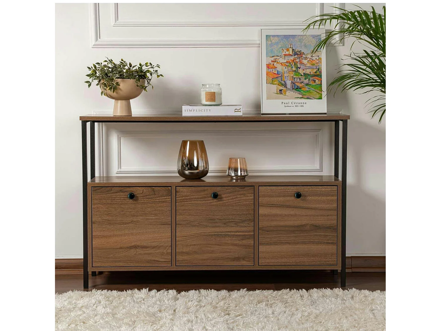 Console d'entrée avec rangement 3 niches, effet noyer JENA