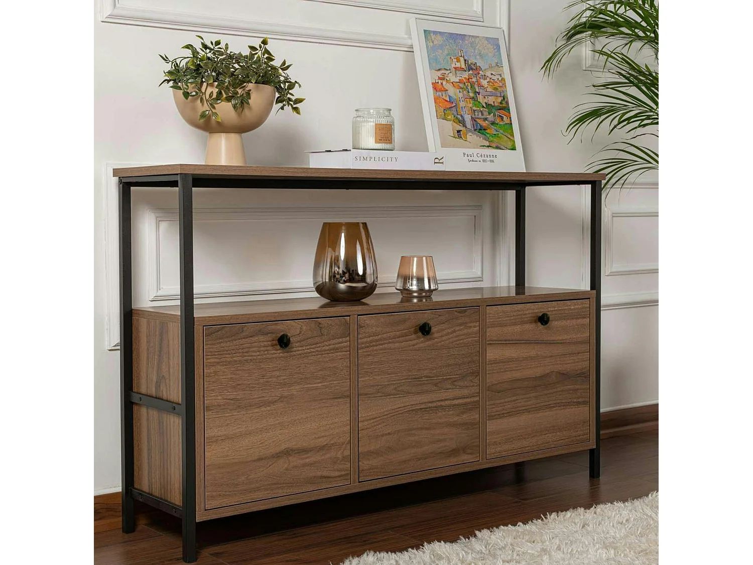 Console d'entrée avec rangement 3 niches, effet noyer JENA