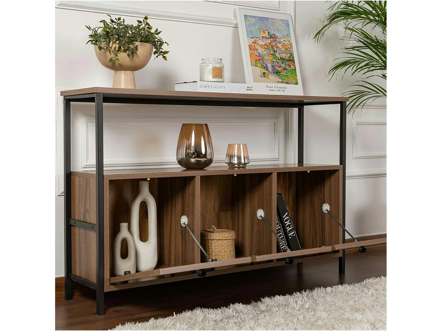 Console d'entrée avec rangement 3 niches, effet noyer JENA