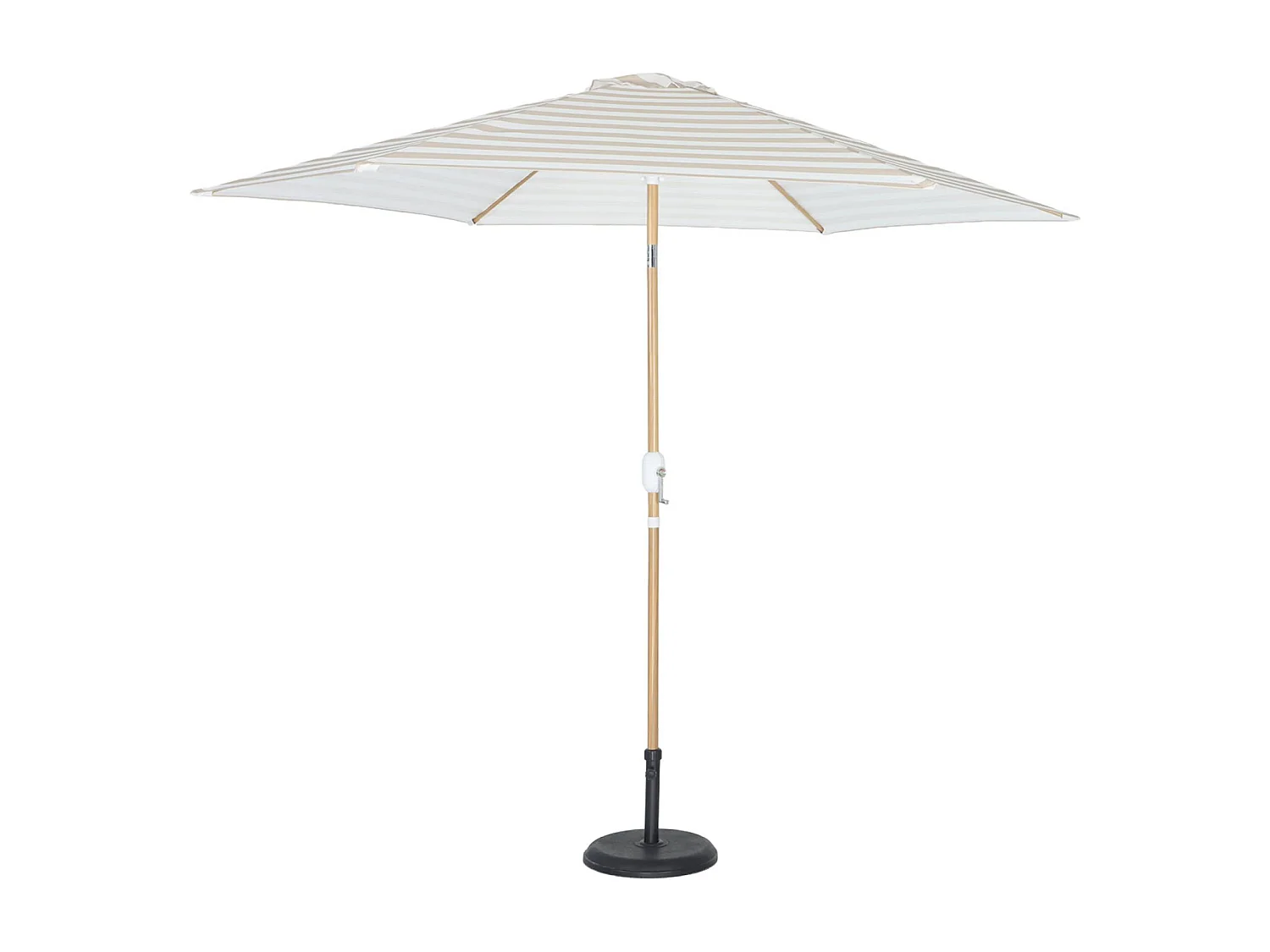 Parasol droit rond rayures beige Ø293cm mât central en aluminium imitation bois. orientable et manivelle d'ouverture