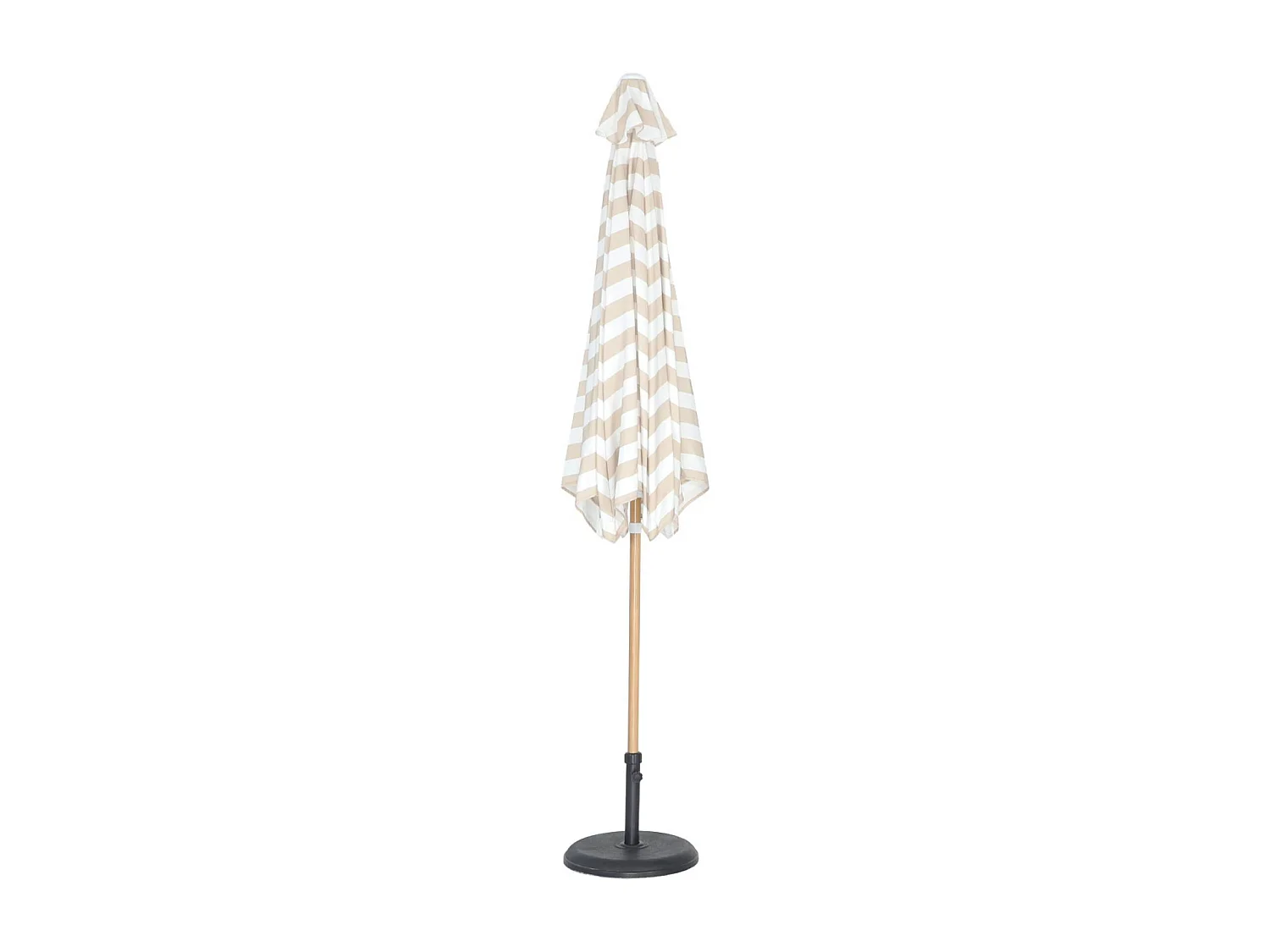 Parasol droit rond rayures beige Ø293cm mât central en aluminium imitation bois. orientable et manivelle d'ouverture