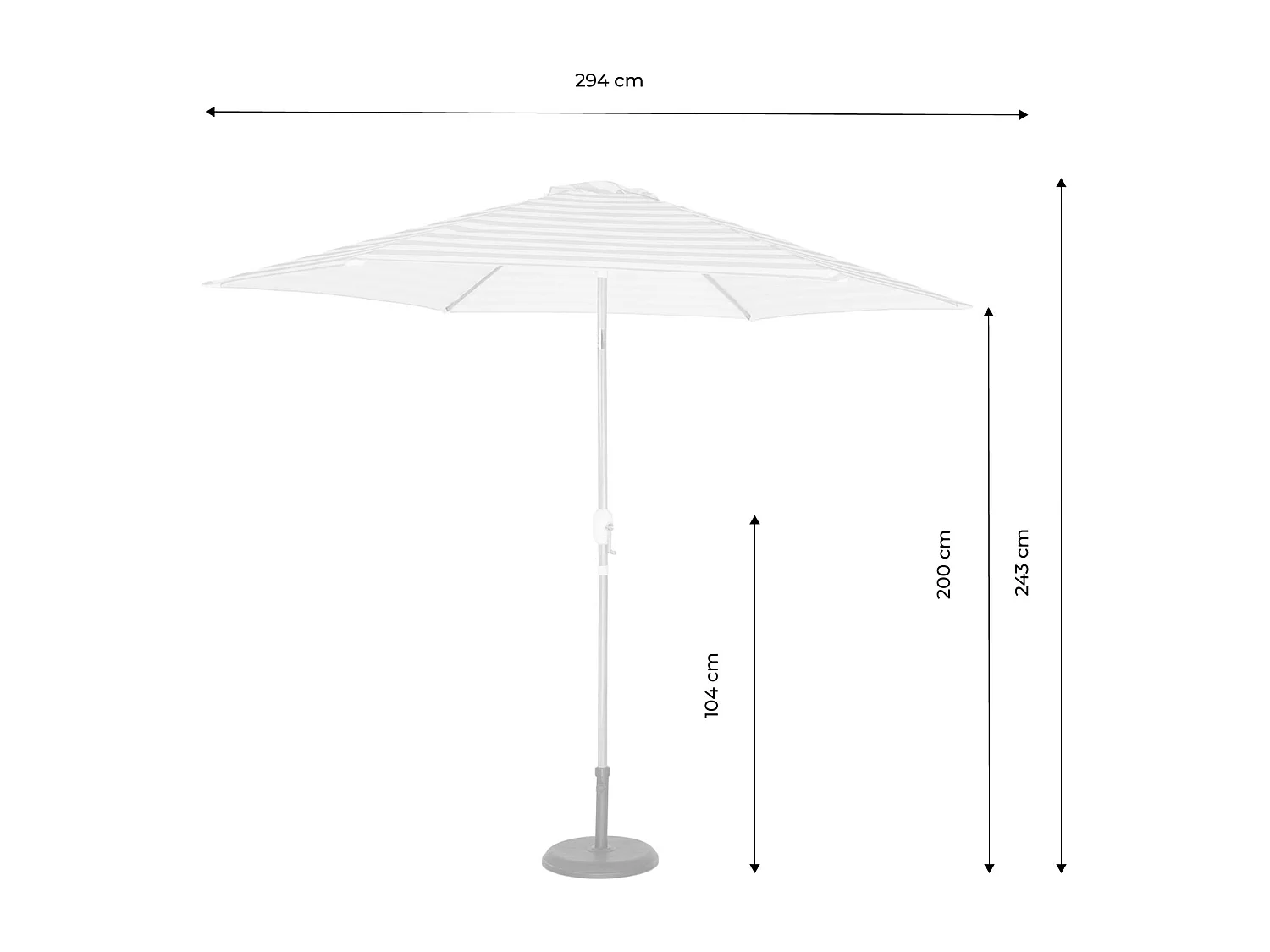 Parasol droit rond rayures beige Ø293cm mât central en aluminium imitation bois. orientable et manivelle d'ouverture