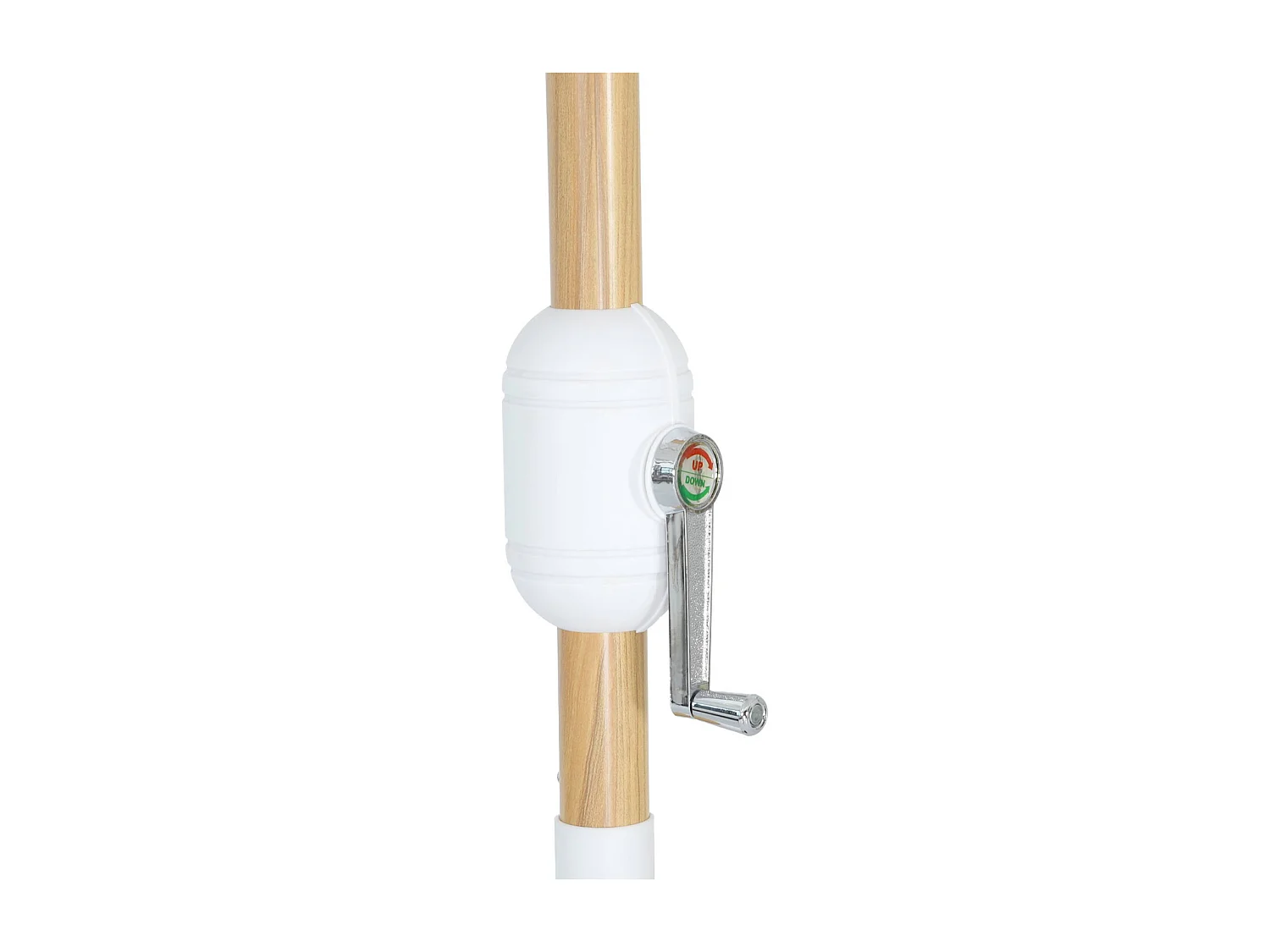 Parasol droit rond rayures beige Ø293cm mât central en aluminium imitation bois. orientable et manivelle d'ouverture