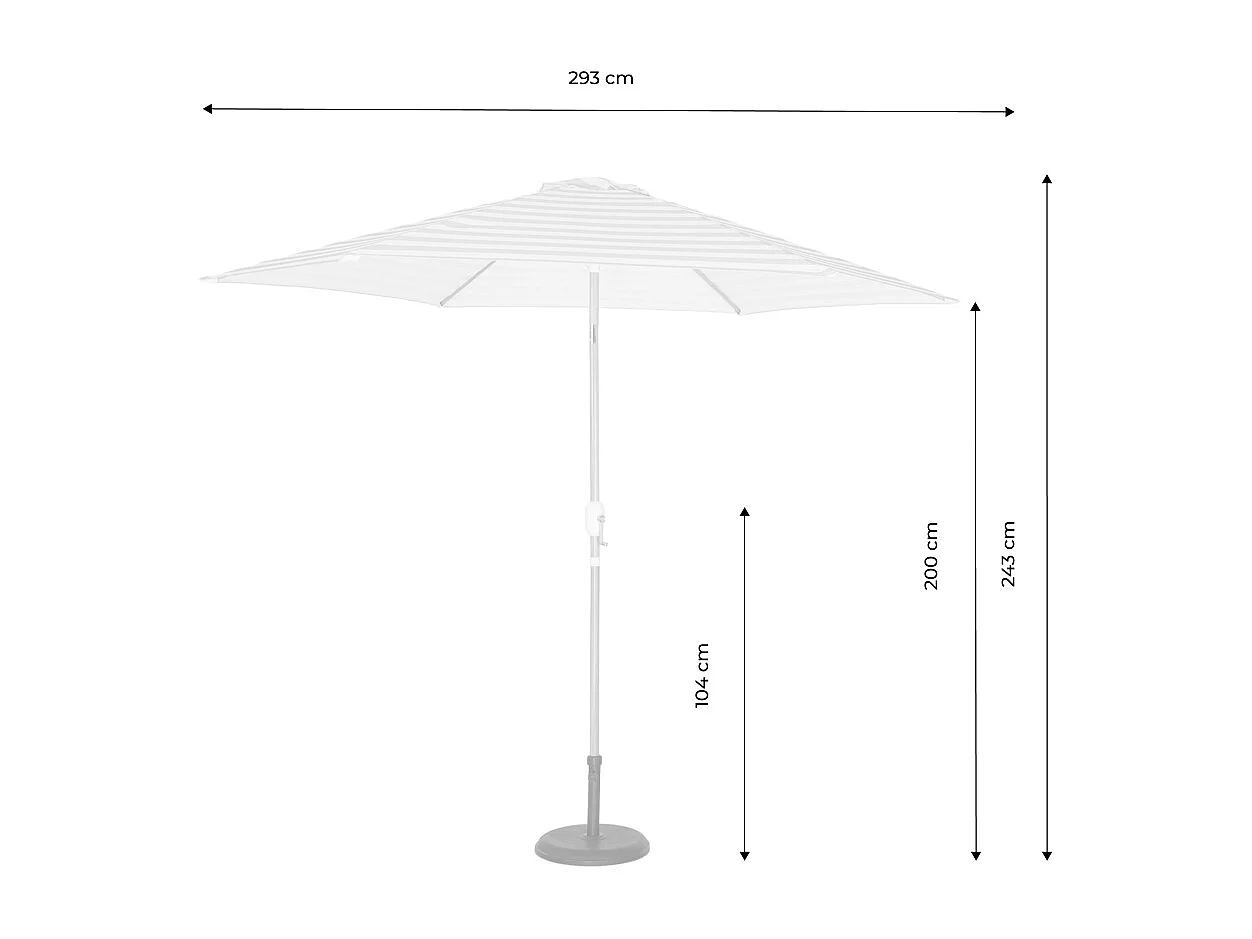 Parasol droit rond rayures beige Ø293cm mât central en aluminium imitation bois. orientable et manivelle d'ouverture