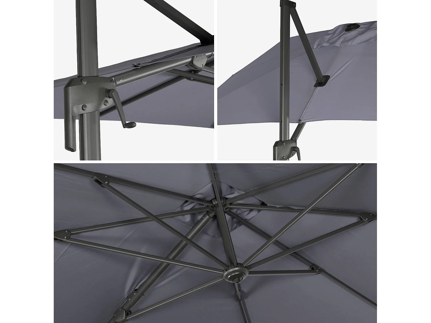 Parasol déporté rectangulaire 2x3m + dalles à lester - Antibes - Gris - Parasol excentré inclinable. rabattable et rotatif à 360°.