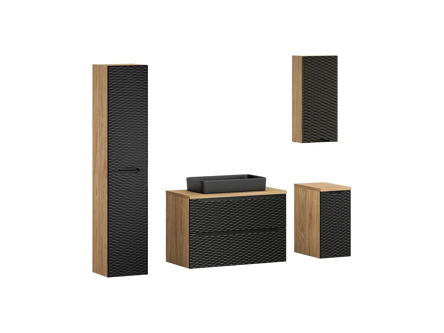 Ensemble de salle de bain YOKA noir : meuble sous vasque + plan vasque + vasque à poser noire + 2 meubles et 1 colonne de rangem