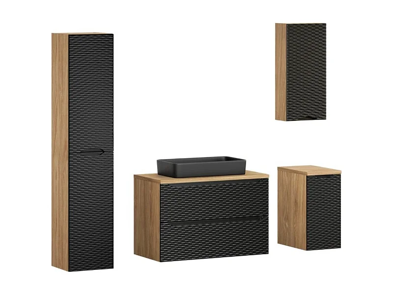 Ensemble de salle de bain YOKA noir : meuble sous vasque + plan vasque + vasque à poser noire + 2 meubles et 1 colonne de rangem