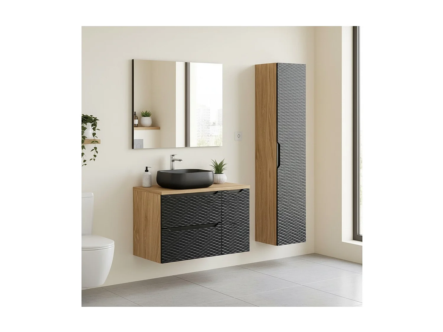 Ensemble de salle de bain YOKA noir : meubles sous vasque 90 cm + plan vasque + vasque à poser + colonne de rangement