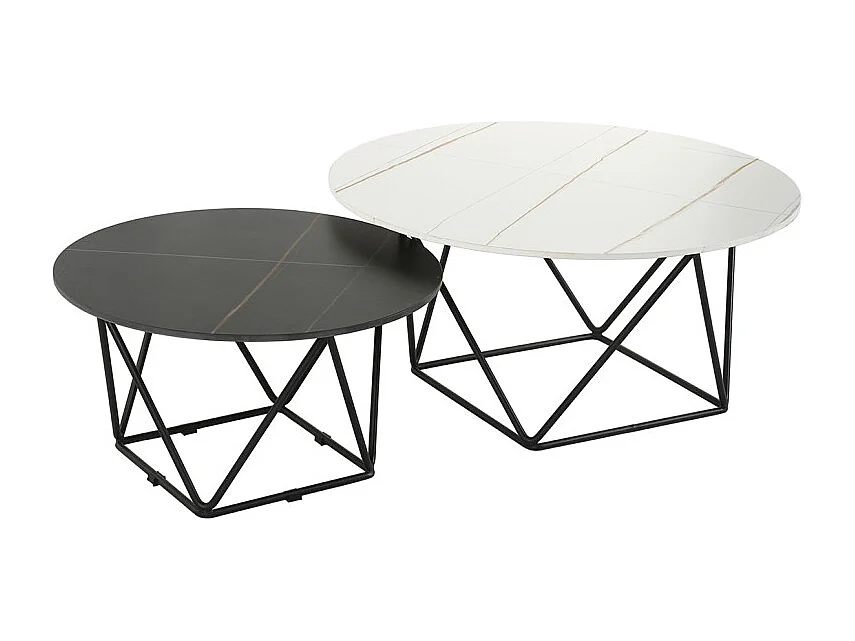 Set de 2 tables basses rondes noir et blanc céramique marbrée - ASHE