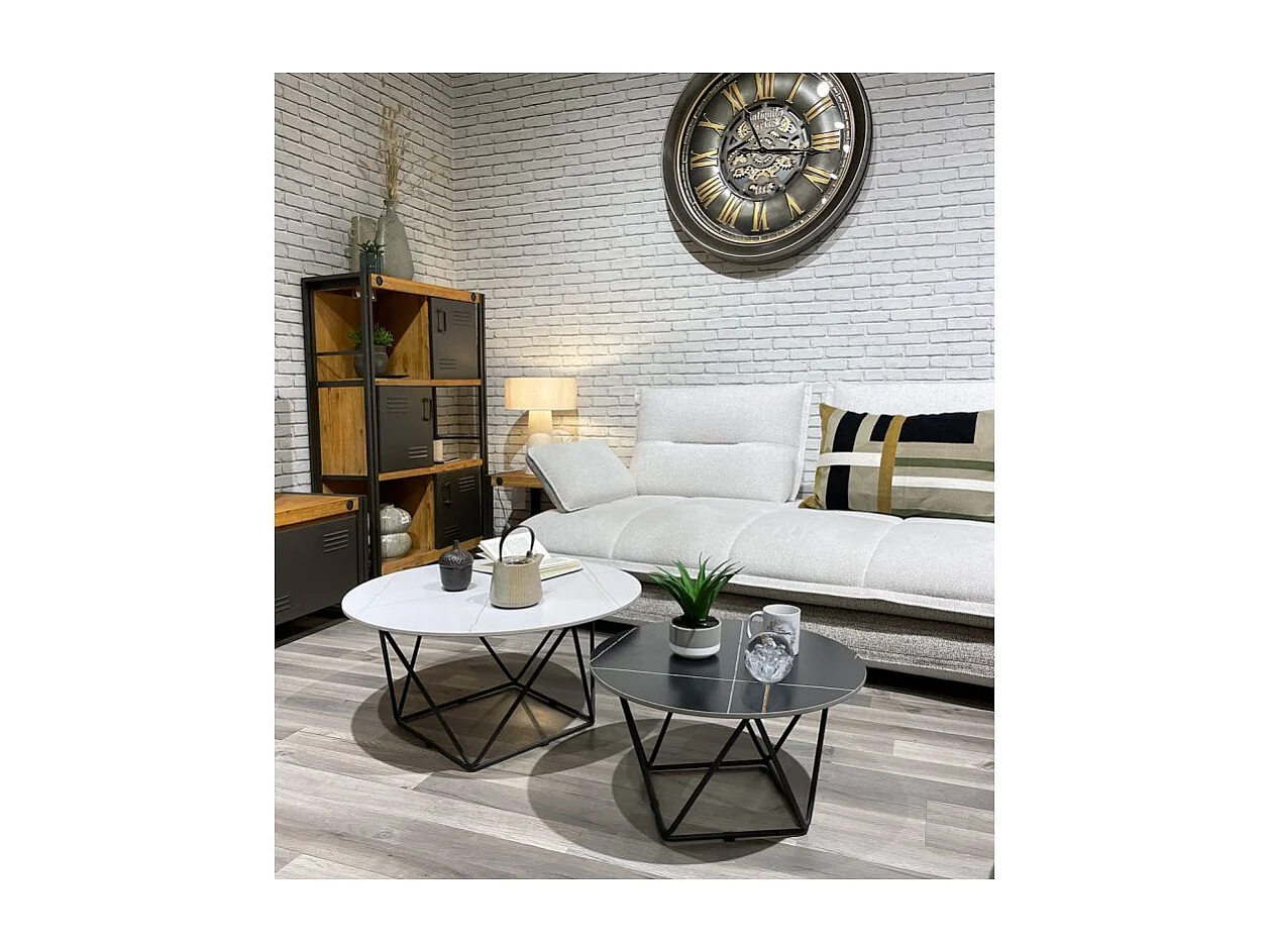 Set de 2 tables basses rondes noir et blanc céramique marbrée - ASHE