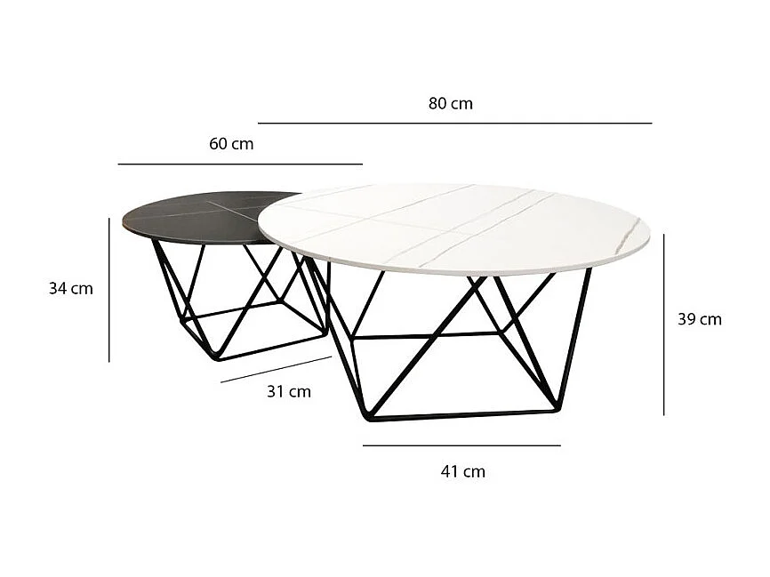 Set de 2 tables basses rondes noir et blanc céramique marbrée - ASHE