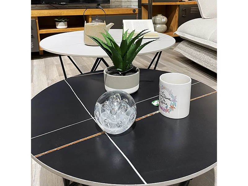 Set de 2 tables basses rondes noir et blanc céramique marbrée - ASHE