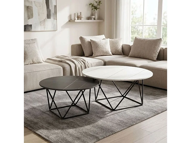 Set de 2 tables basses rondes noir et blanc céramique marbrée - ASHE