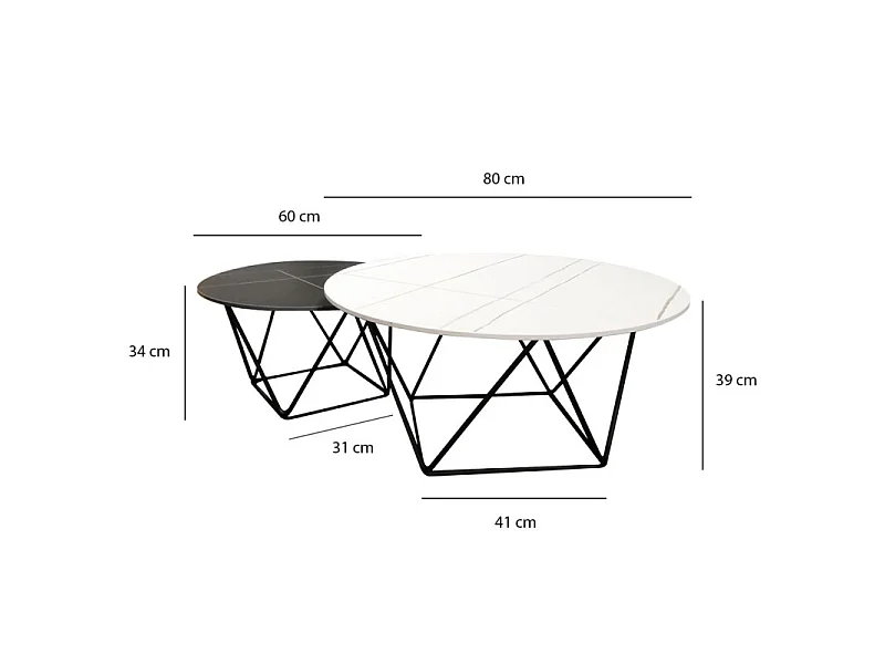 Set de 2 tables basses rondes noir et blanc céramique marbrée - ASHE