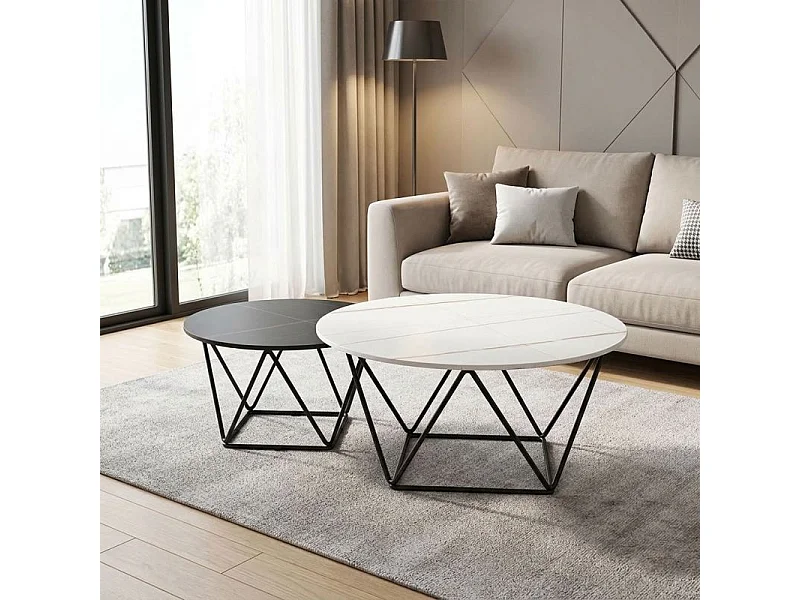 Set de 2 tables basses rondes noir et blanc céramique marbrée - ASHE