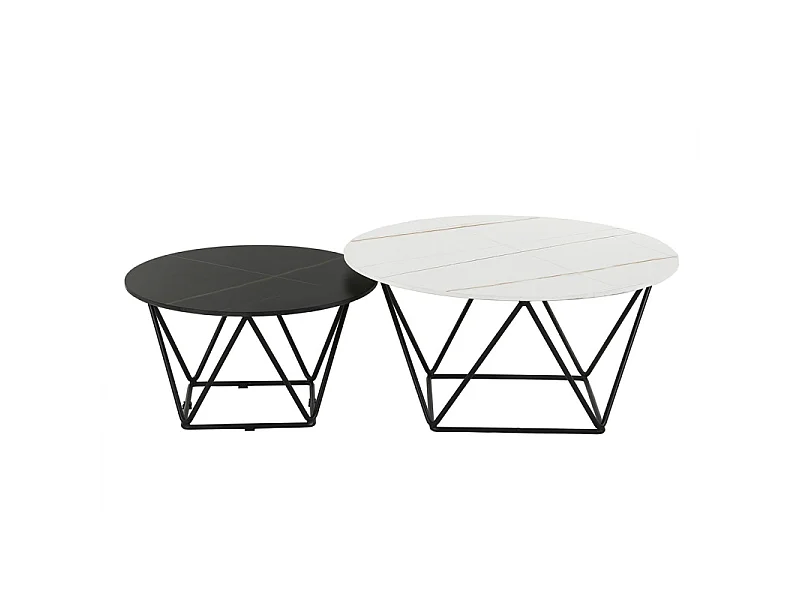 Set de 2 tables basses rondes noir et blanc céramique marbrée - ASHE